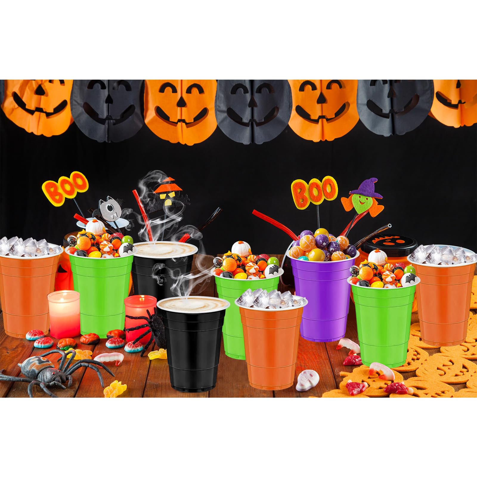 cssopenss 100 PCS Halloween Party Cups 16 oz halloween plastic cups 16 oz halloween disposable cups Set 4 Styles for Halloween Party Decorations & Party Supplies for Beer/Beverage/Snacks/Candies