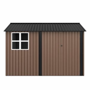 HOGYME 10x10 FT Outdoor Storage Shed, Large Metal Tool Sheds with Updated Frame Structure and Lockable Doors, Garden Shed for Backyard Garden Patio Lawn, Brown