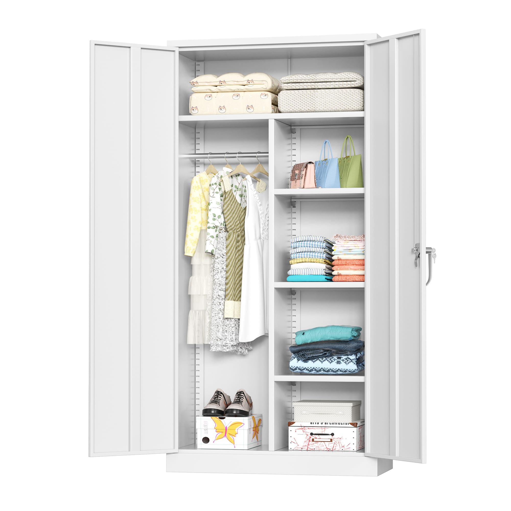 SPERTIKC Wardrobe Closet,72" Armoire Wardrobe Cabinet-Functional Clothes Storage with Hanging Rail, White Storage Cabinet, Metal Cabinet for Bedroom, Kitchen and Pantry