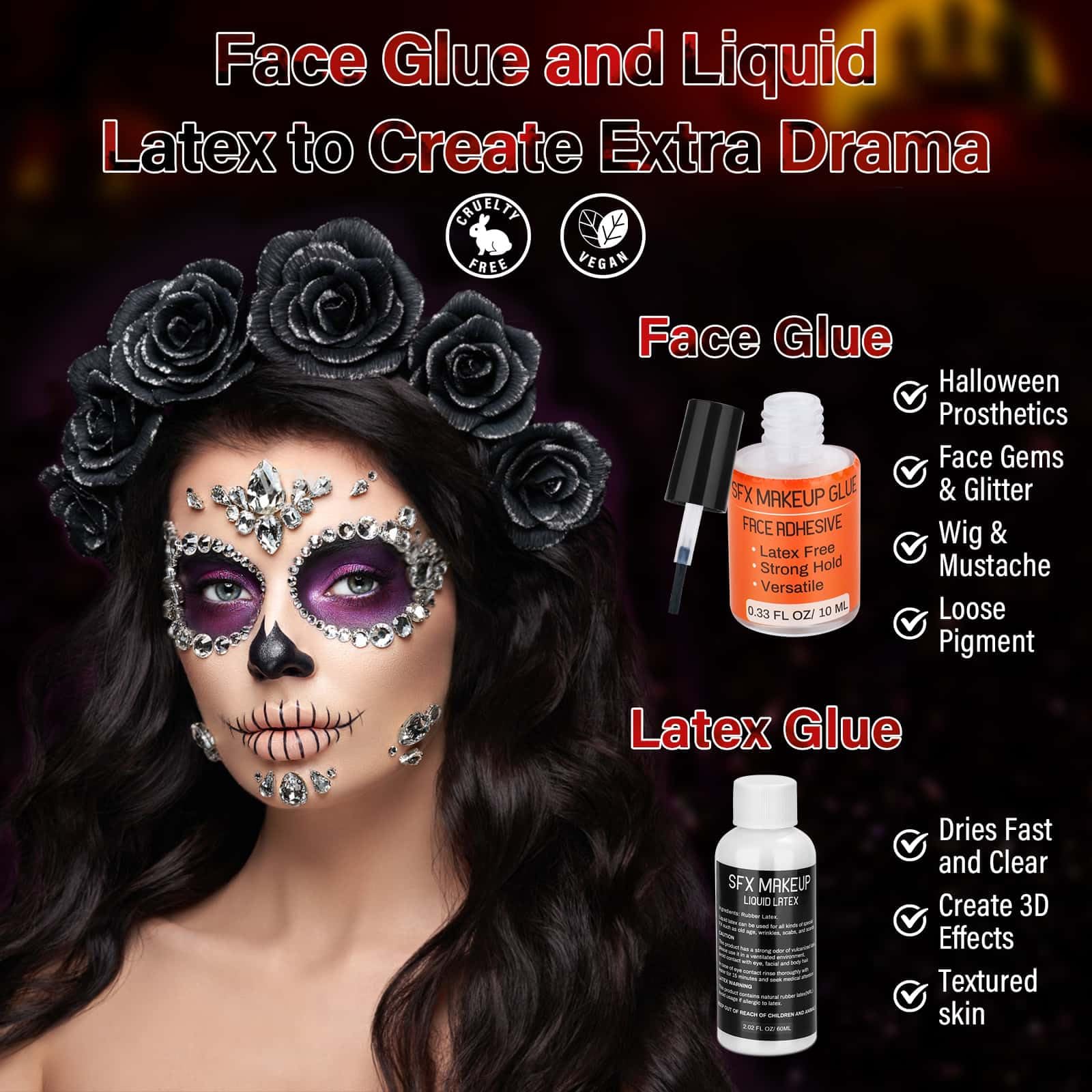 Halloween Makeup Liquid Latex SFX Makeup Kit Special Effects Makeup with Face Body Paint, Makeup Glue, Washable Fake Blood, Scar Wax, Paint Brushes for FX Clown Cosplay Costume Halloween Deco