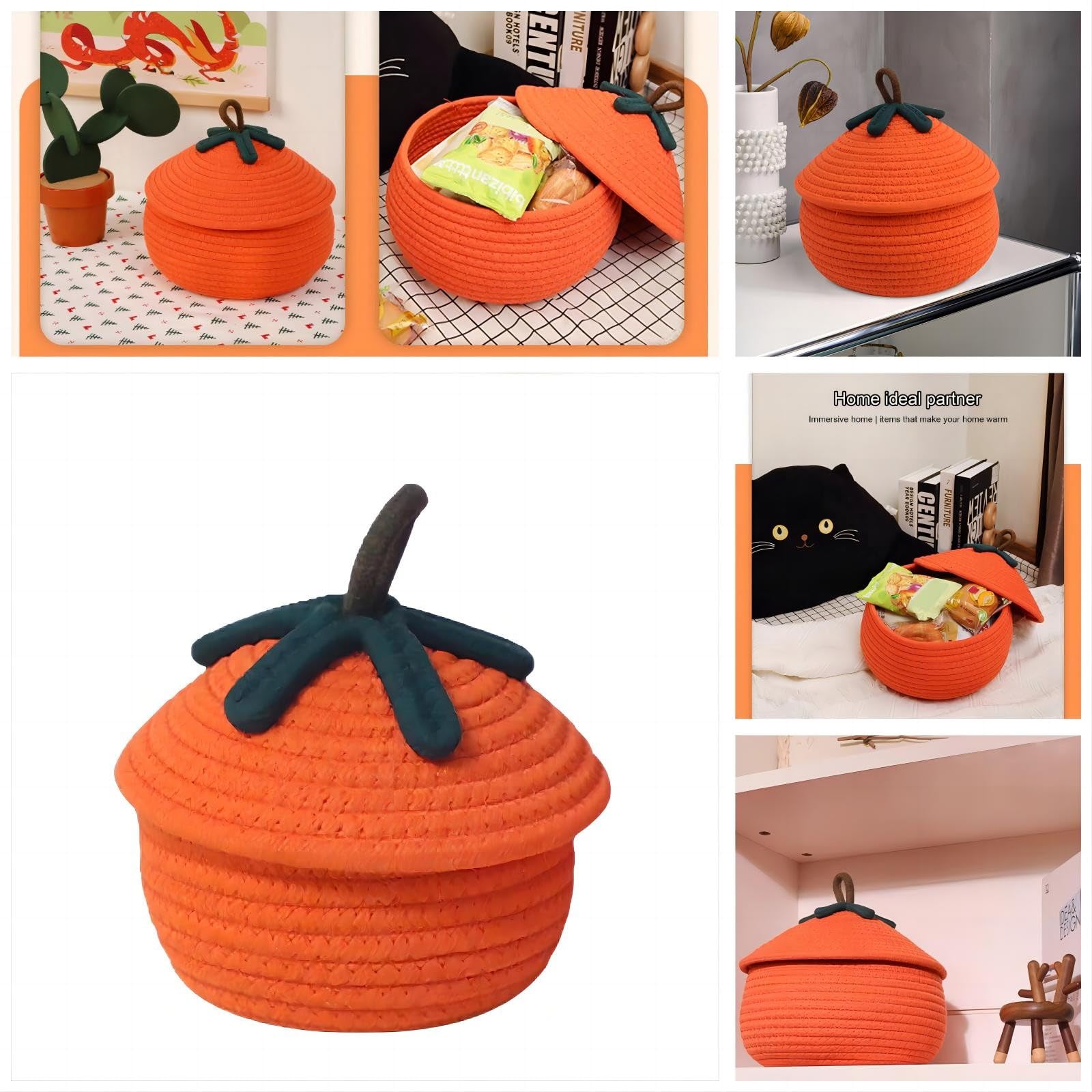 Halloween Pumpkin Basket, Cute Halloween Pumpkin Basket with Lid, Orange Pumpkin Woven Basket for Organizing Candy Toy Basket, Halloween Home Decoration (Small)