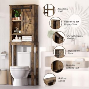 Redlife Over The Toilet Storage with Cabinet, Bathroom Storage Organizer Above Toilet with Adjustable Shelf & Sliding Barn Door, Freestanding Space-Saving Storage Rack for Bathroom (Rustic Brown)