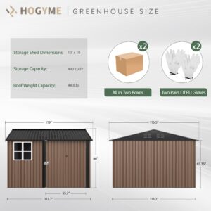 HOGYME 10x10 FT Outdoor Storage Shed, Large Metal Tool Sheds with Updated Frame Structure and Lockable Doors, Garden Shed for Backyard Garden Patio Lawn, Brown