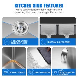 Daweier 30x17.9 Inch Handmade Undermount Double Bowl Kitchen Sink, 304 Stainless Steel, Heavy Duty Commercial Grade