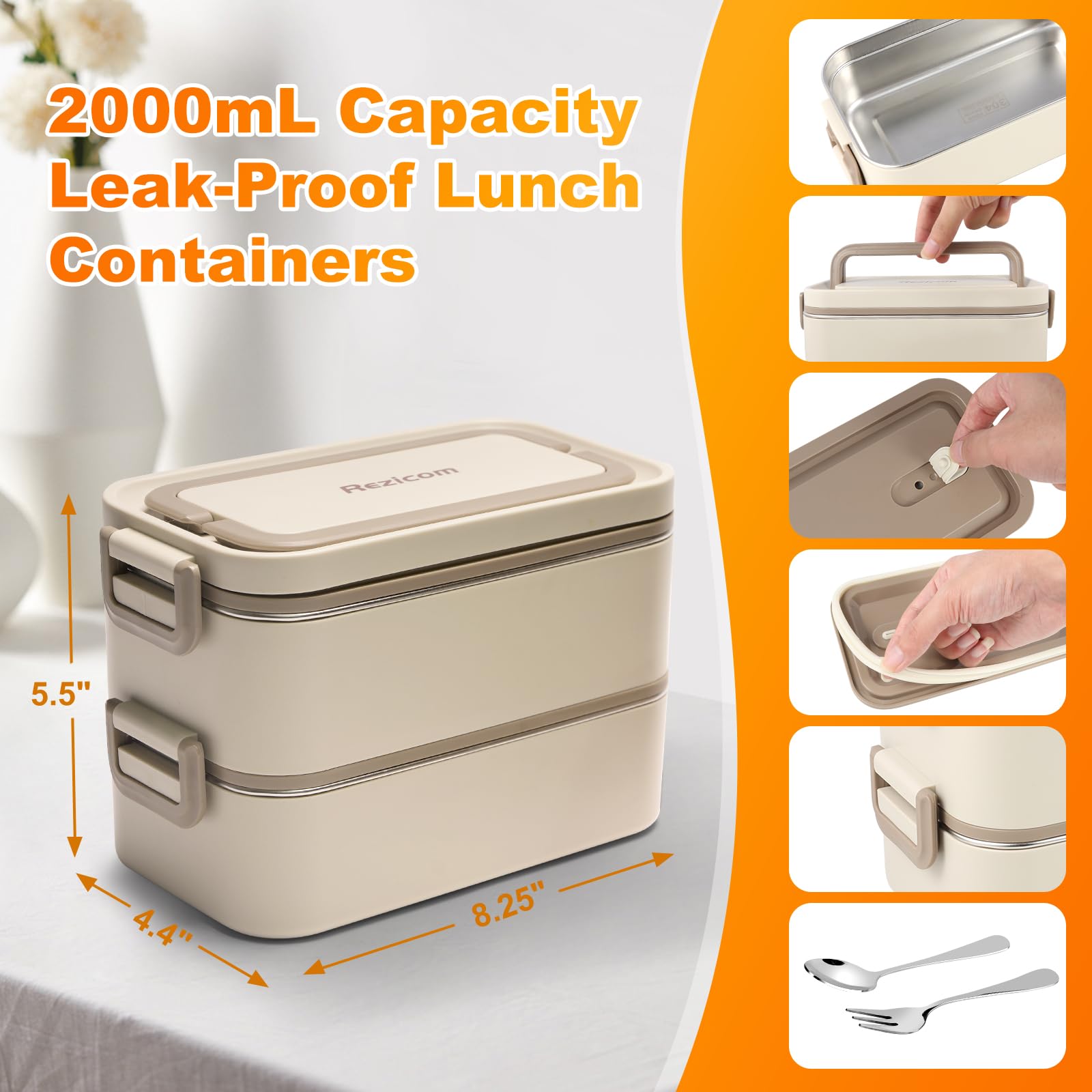 Rezicom Stainless Steel Lunch Box for Kids and Adult, Two Layer 2 L Capacity Leak-Proof Bento Box for Kids, Lunch Containers for Women School Office with Stainless Steel Soup Bowl Spoon and Fork