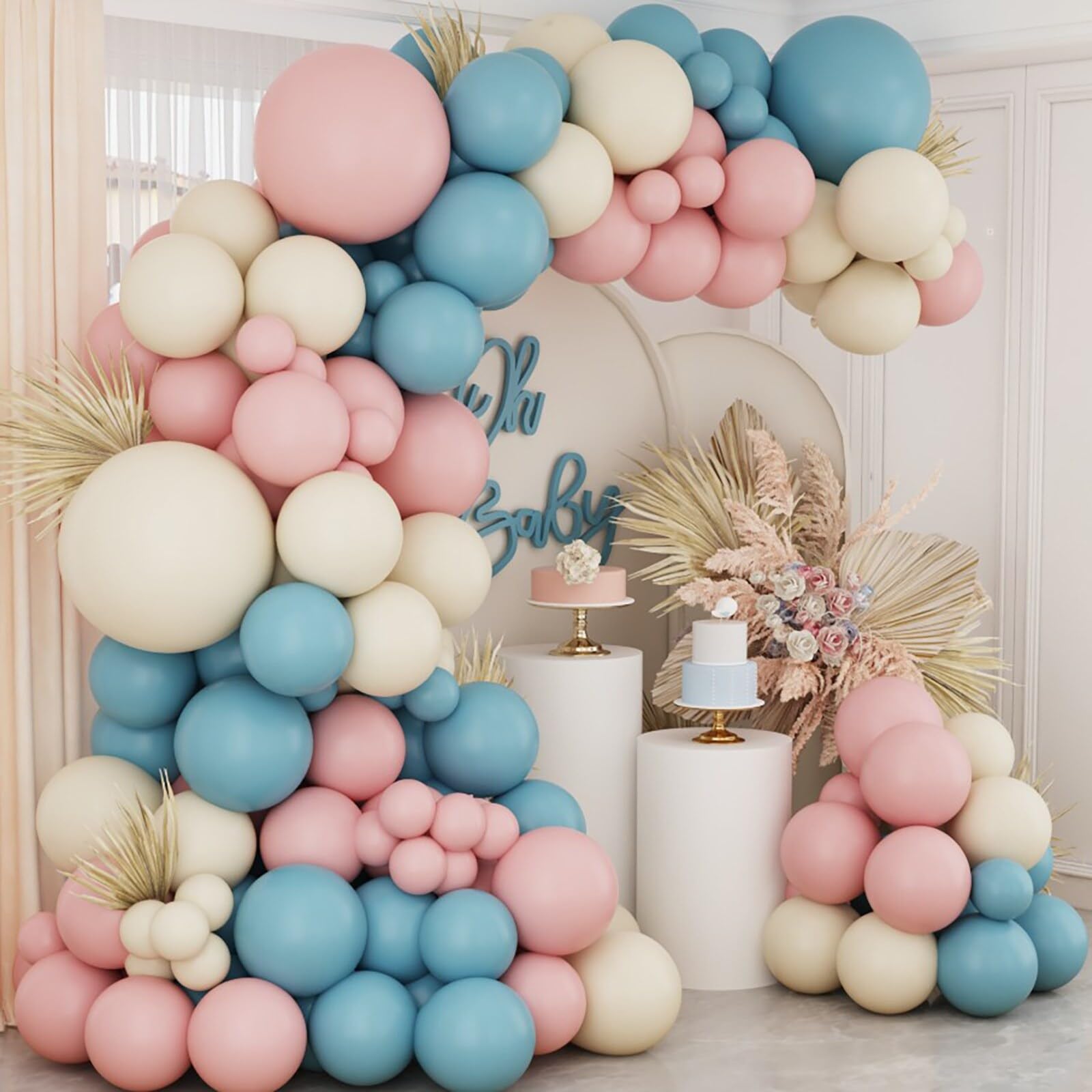 170PCS Boho Baby Shower Gender Reveal Party Decorations Supplies, Different Sizes 18/12/5 inch Boho Gender Reveal Baby Shower Dusty Pink and Blue Sand White Nude Balloons Balloon Garland Arch Kit