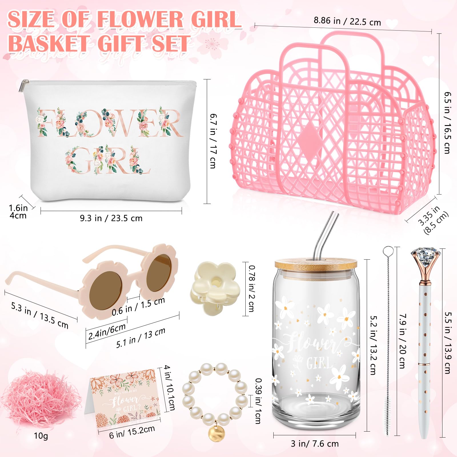 Havawish 8 Pcs Flower Girl Proposal Gifts Set Flower Girl Jelly Bag Will You Be My Flower Girl Card Cup Sunglasses Makeup Bag Pen Bracelet Hair Clip Jelly Purse for Wedding Bridal Shower(Pink)