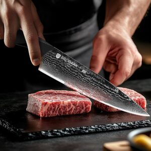 BRODARK Damascus Chef Knife 8 Inch - Ultra Sharp Kitchen Knife, Japanese Knife with Full-Tang Ergonomic Handle, Cooking Knife for Home, Restaurant (Dark Horse Series)