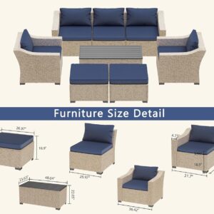 LHBcraft Patio Conversation Set Rattan Outdoor 8 Piece Sectional Furniture Sofa Set Wicker Couch with Coffee Table and Cushions for Poolside, Backyard