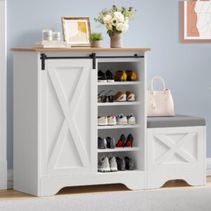 DWVO Farmhouse Shoe Storage Cabinet with Shoe Bench, 5-Tier Shoe Cabinet with Adjustable Shelves for 20 Pairs, Narrow Slim Shoe Cabinet with Sliding Door for Entryway, Hallway, Living Room (White)