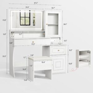 Large Vanity Desk with Mirror and Light, Vanity Table and Cushioned Stool Set, Makeup Vanity Table Makeup Desk with Charging Station, Storage Stool, Bedroom Dressing Table with Drawer and Cabinet