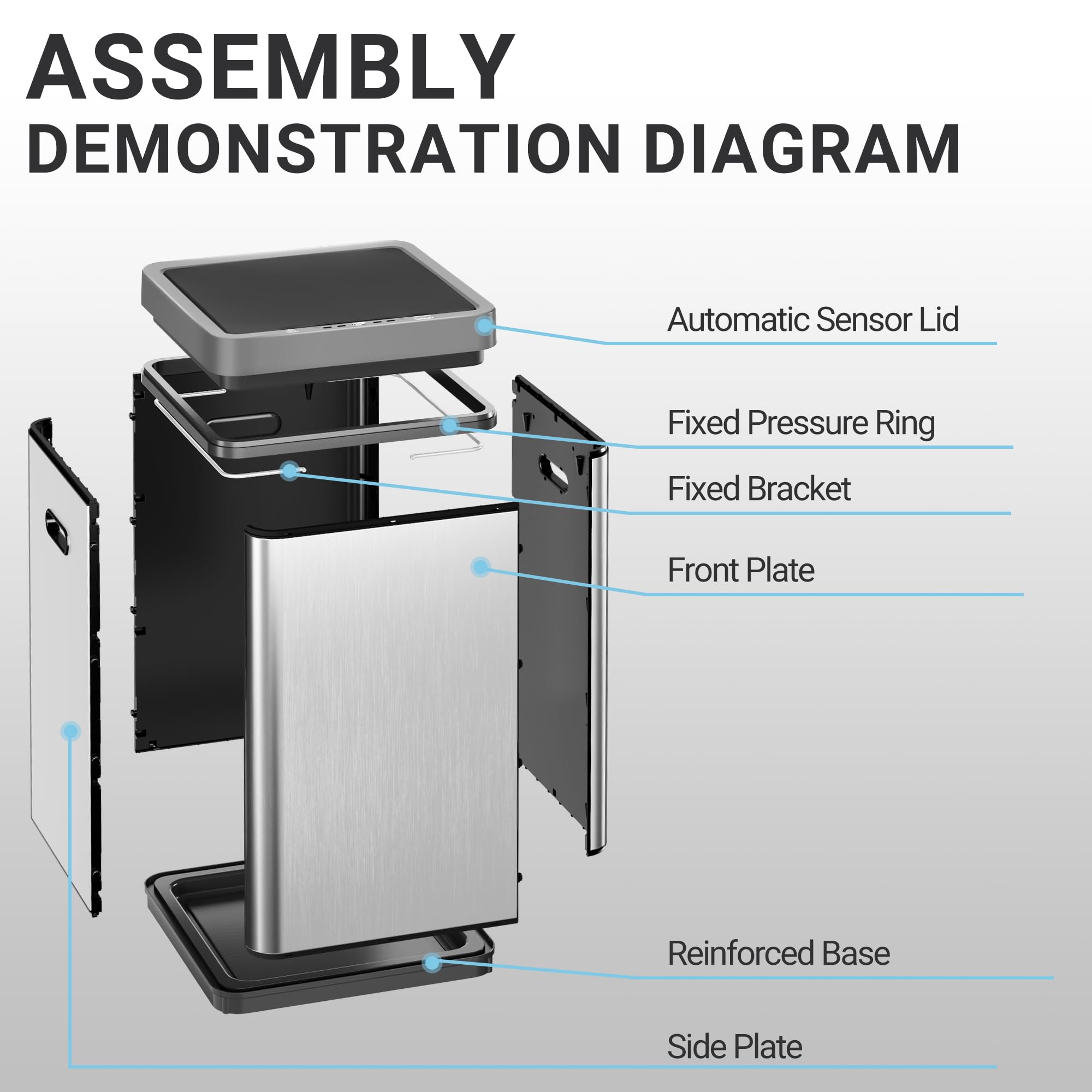 Zinoxal Automatic Trash Can with Lid, 16 Gallon Stainless Steel Touchless Motion Sensor Garbage Can for Kitchen, Bathroom, Bedroom, Office, Large Capacity and Assembly Waste Bin