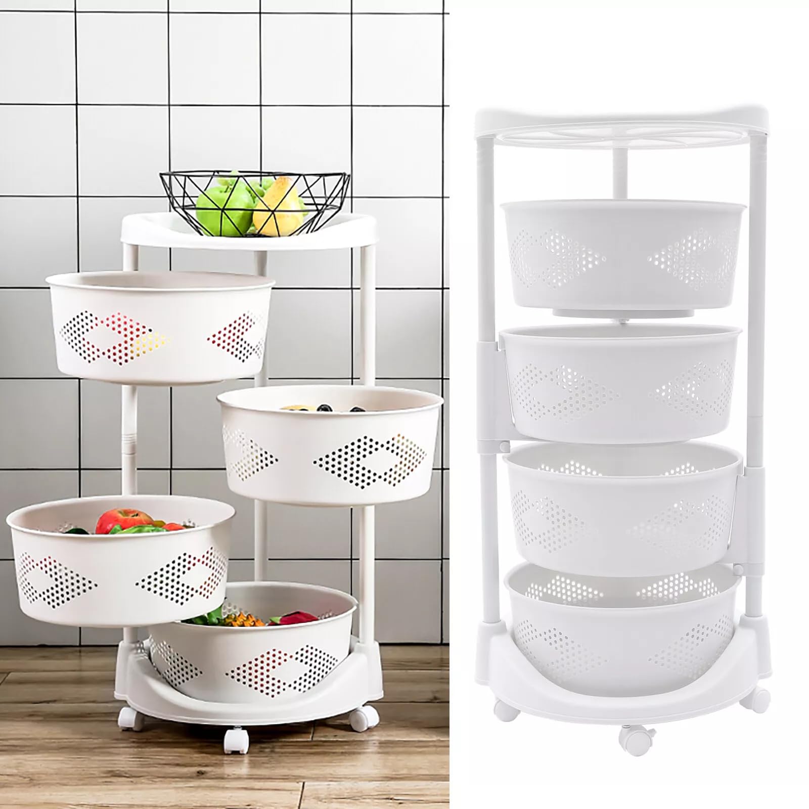 Ringmaster 4 Tier Multi-Layer Rotating Storage Rack Storage Shelves Organizer,Floor Standing Kitchen Storage Cart with Wheels,Fruit Vegetable Storage Basket Shelf for Kitchen,Living Room,Bedroom