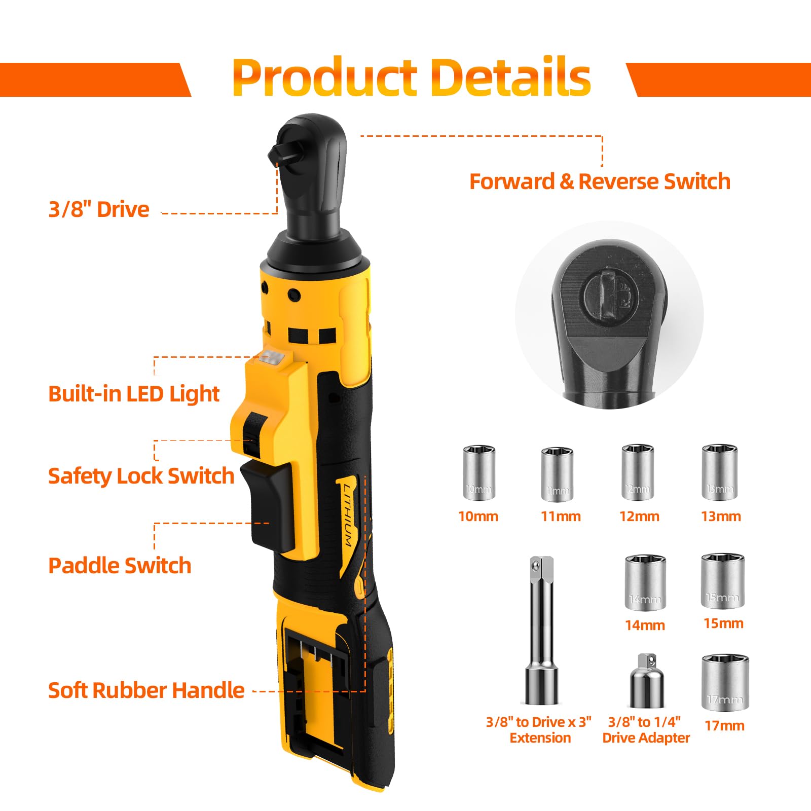 Electric Ratchet, 3/8" 21V Power Cordless Ratchet, with Variable Speed and Trigger Safety Lock, LED Light, 7 Sockets, 1/4" Drive Adapter, 3" Extension Rod(Tool Only, Battery not Included)