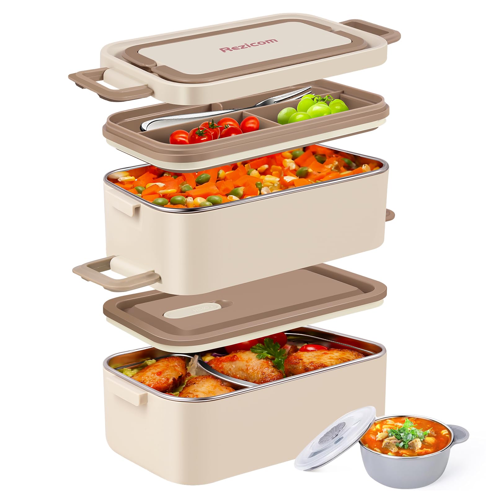 Rezicom Stainless Steel Lunch Box for Kids and Adult, Two Layer 2 L Capacity Leak-Proof Bento Box for Kids, Lunch Containers for Women School Office with Stainless Steel Soup Bowl Spoon and Fork