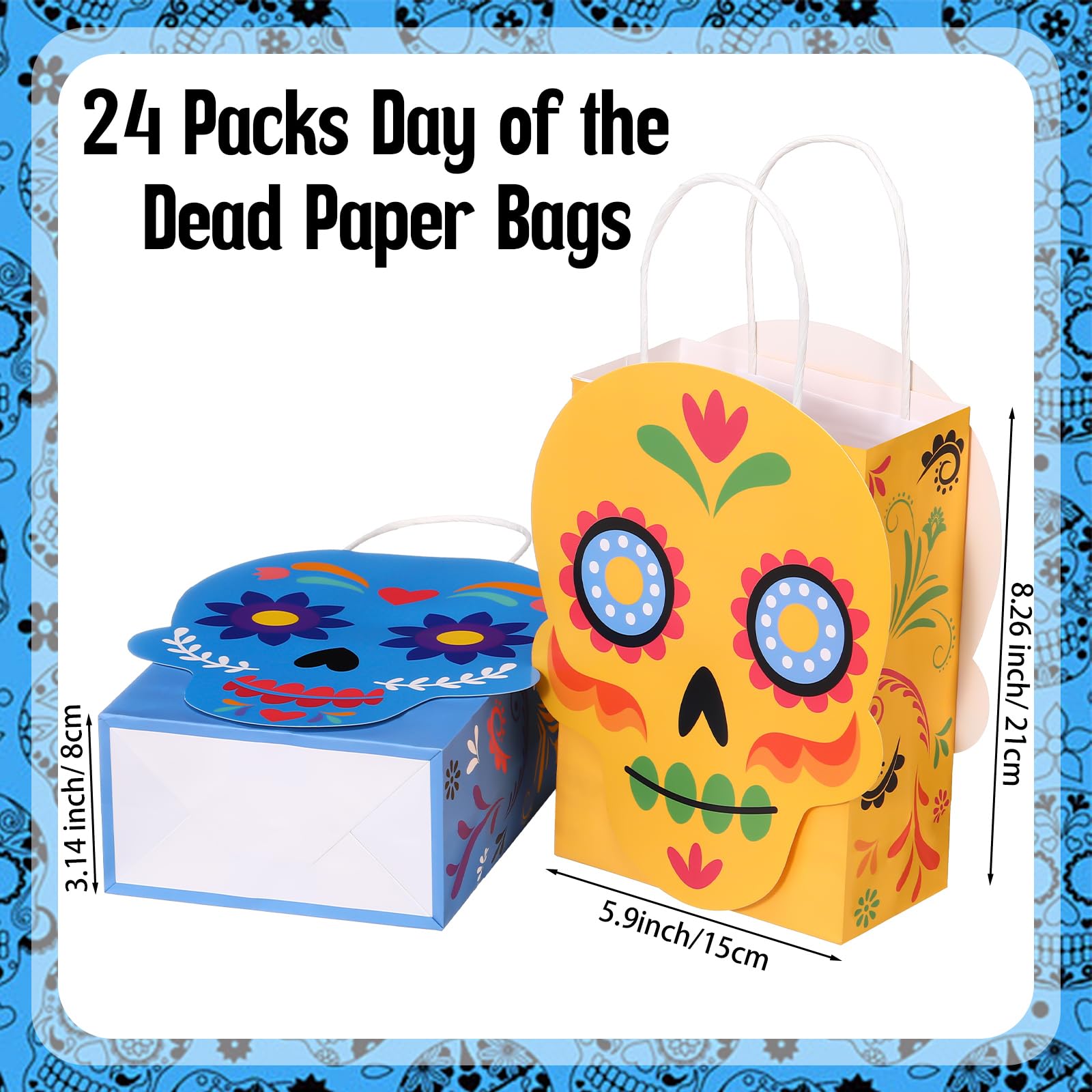 MotiMind 24 Pcs Day of The Dead Party Paper Bags Dia De Los Muertos Favors Bags with Handles Sugar Skull Treat Goodie Bags for Halloween Party Supplies