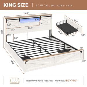 Hasuit Farmhouse Bed Frame King Size with LED Lights and Charging Station, Wooden King Bed with 2 Storage Drawers, Rustic Headboard with Sliding Barn Door Storage Cabinets, White