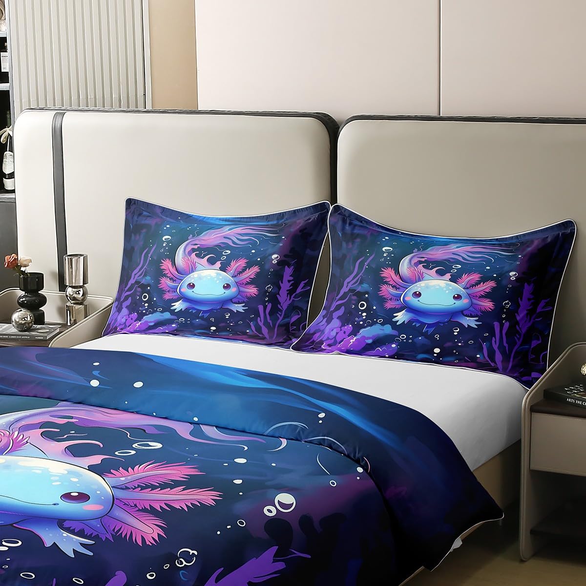 jejeloiu Kawaii Axolotl Bedding Set Full Size Girls Cartoon Salamander Duvet Cover Set 100% Cotton for Kids Teens Dark Blue Cute Ocean Sealife Cotton Duvet Cover Gift for Girls Women Quilt Set