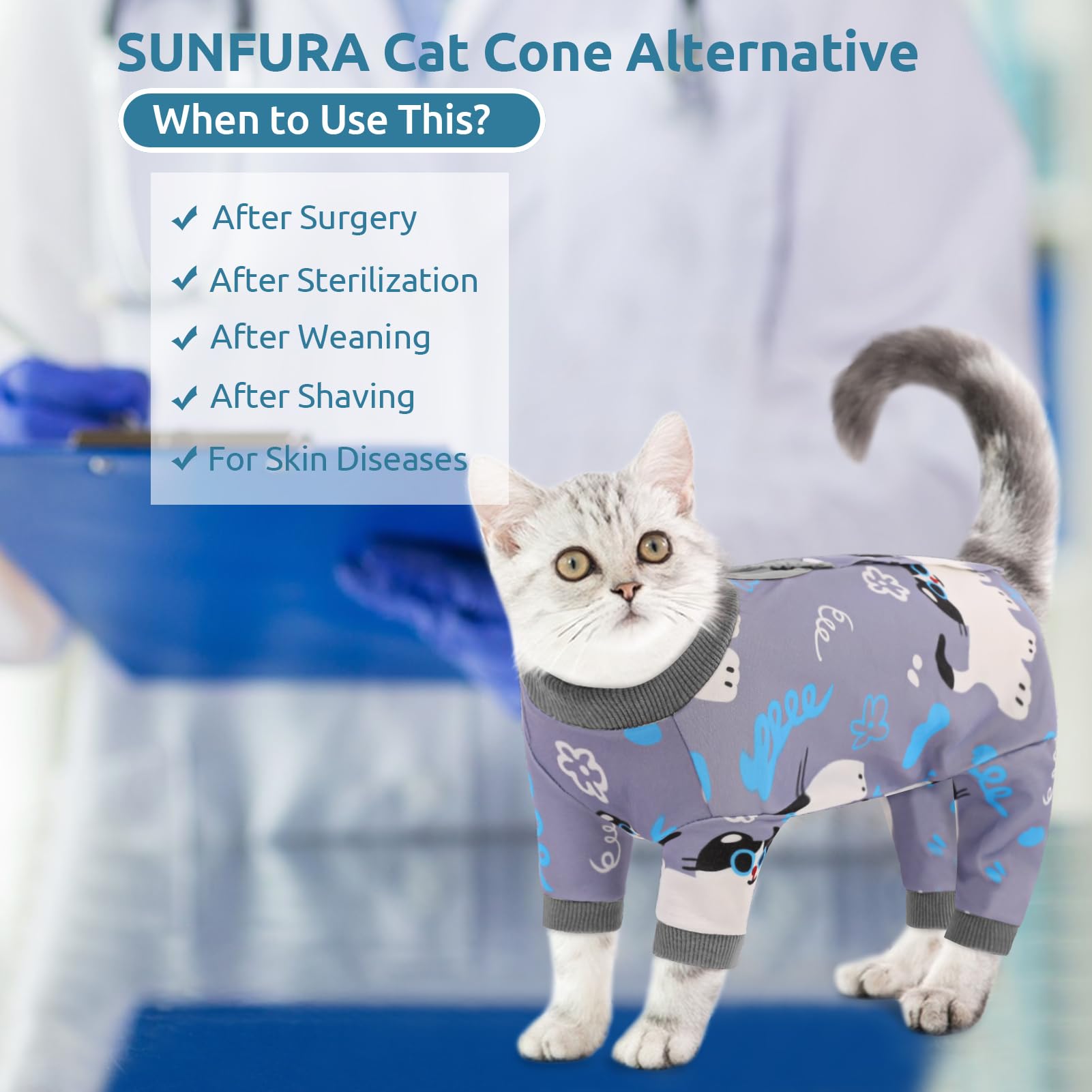 SUNFURA Cat Recovery Suit Full Body Suit, Cat Surgery Recovery Suit Female Kitten Onesie for Cats Anti-Licking, Pet Surgical Recovery Suit with Sleeves, Cat Spay Recovery Suit Male Neuter Grey-Blue L