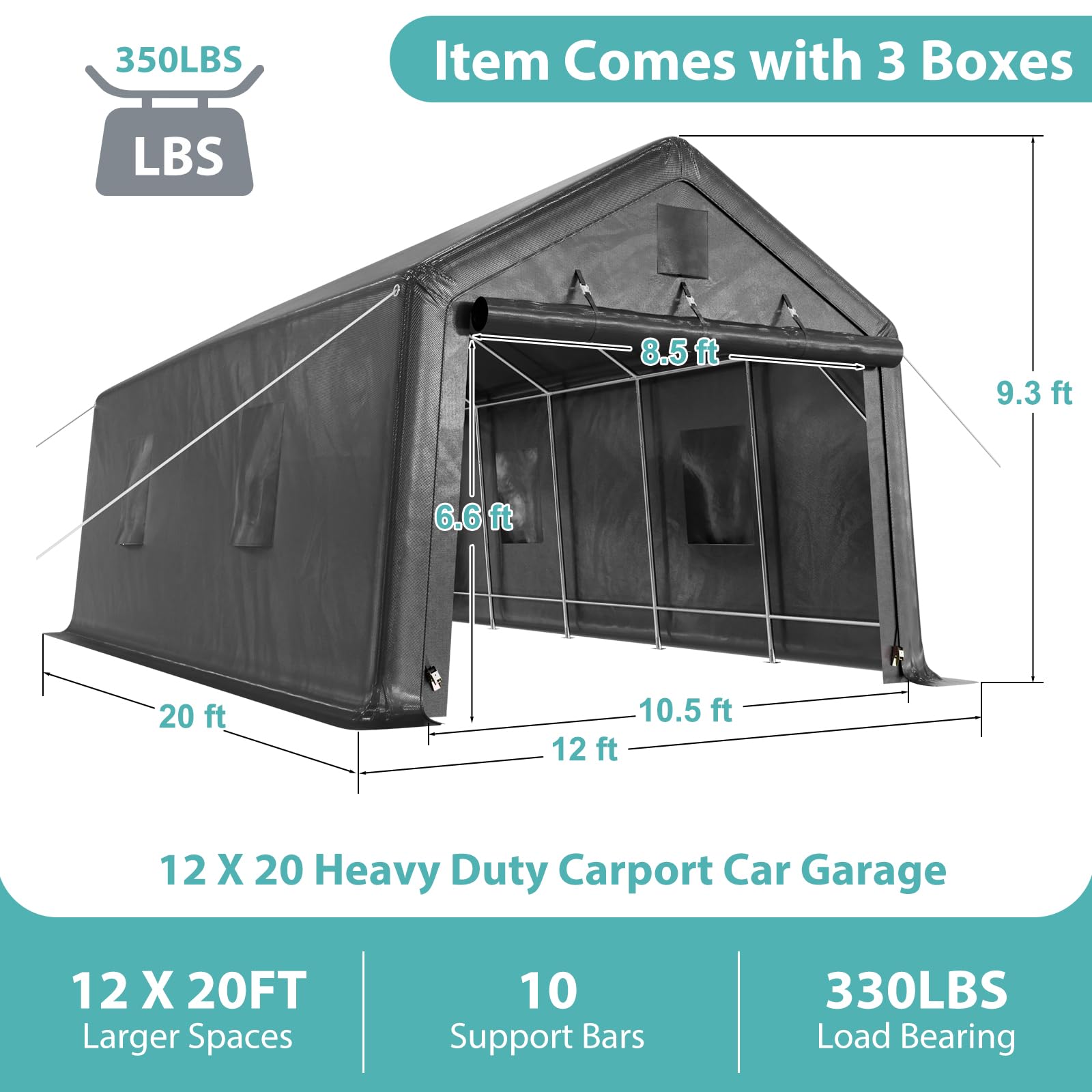 K Knowbody 12 x 20 FT Carport,Heavy Duty Peak Portable Garage with All-Steel Metal Frame & Ventilated Windows, Anti-Snow UV Protection Car Canopy Outdoor Storage Shelter for Car,Truck,Boat,Black