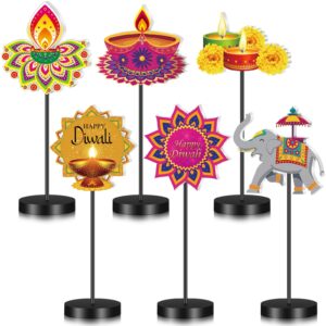 wonderjune 6 pcs happy diwali wooden table topper tall standing diwali wood table decoration happy diwali wooden sign porch tabletop decor detachable centerpiece party supplies (multicolor,india)