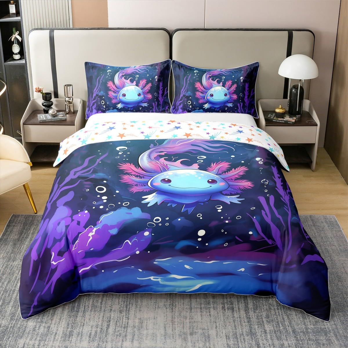 jejeloiu Kawaii Axolotl Bedding Set Full Size Girls Cartoon Salamander Duvet Cover Set 100% Cotton for Kids Teens Dark Blue Cute Ocean Sealife Cotton Duvet Cover Gift for Girls Women Quilt Set