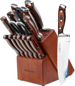 leking 15-piece block knife set with wooden block, premium high carbon stainless steel chef knife set with pakka wooden handle, kitchen knife sets with sharpener, knives set, scissor, 6 steak knives