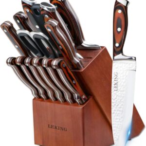 Leking 15-Piece Block Knife Set with Wooden Block, Premium High Carbon Stainless Steel Chef Knife Set with Pakka Wooden Handle, Kitchen Knife Sets with Sharpener, Knives Set, Scissor, 6 Steak Knives