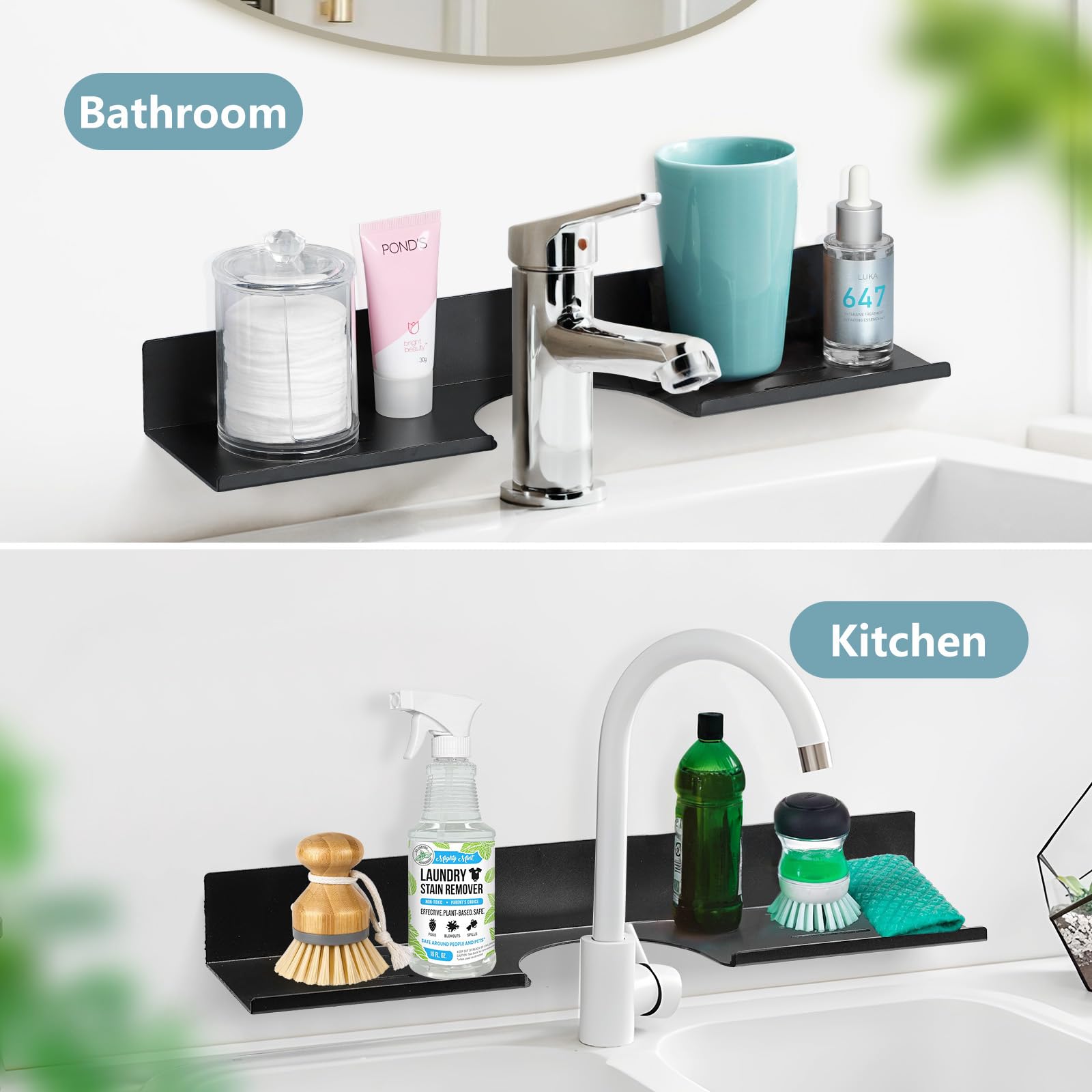 MYITYARD Over The Sink Shelf for Bathroom Kitchen, 2 Pack Wall Mount Anti-Rust Space Aluminum Floating Shelves, Sink Storage Organizer Holder Over The Faucet (15.7" L × 3.9" W, Black)