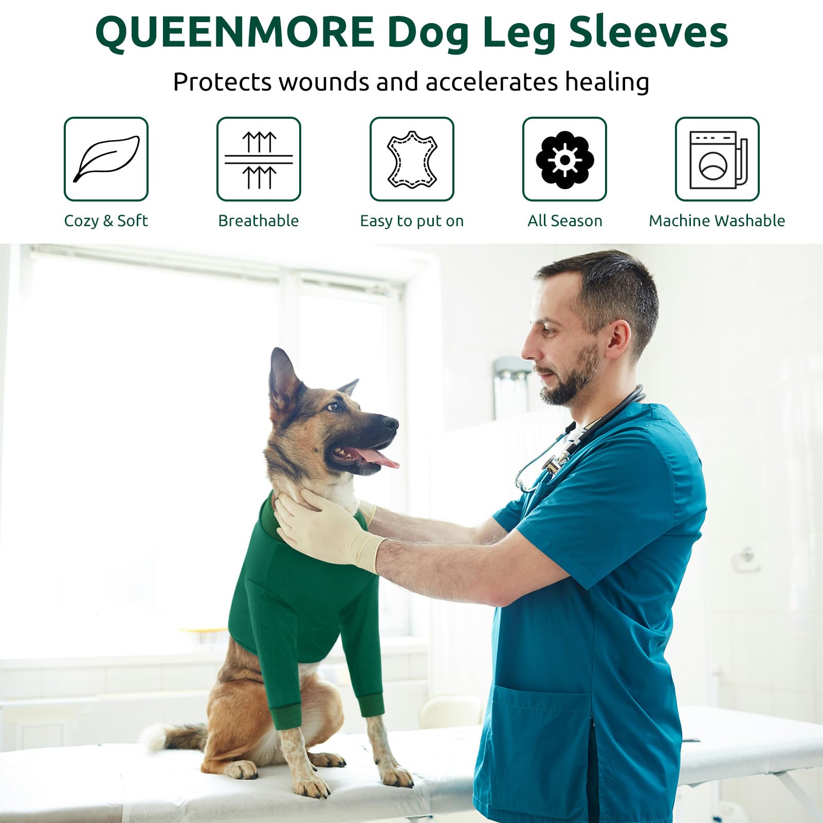 Queenmore Dog Recovery Suit for Front Legs, Adjustable Dog Leg Sleeves to Stop Licking, Breathable Suitical Recovery Sleeve for Large Dogs, Wound Care for Dogs, Green, L