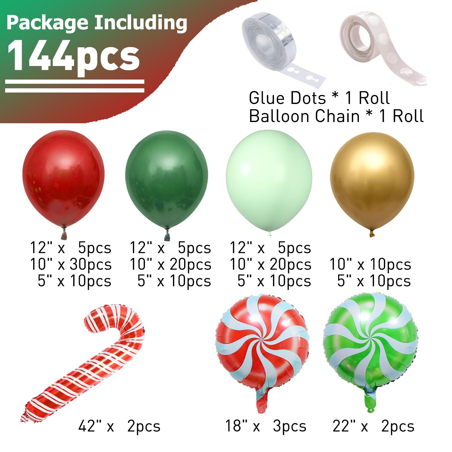 Christmas Balloon Garland Arch Kit Red Green Gold White 144 pcs 12" 10" 5" Latex Balloons Candy Cane Balloons for Kids Xmas New Year Birthday Holiday Party Indoor Outdoor Decorations Supplies