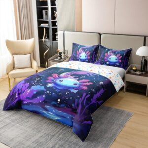 jejeloiu Kawaii Axolotl Bedding Set Full Size Girls Cartoon Salamander Duvet Cover Set 100% Cotton for Kids Teens Dark Blue Cute Ocean Sealife Cotton Duvet Cover Gift for Girls Women Quilt Set