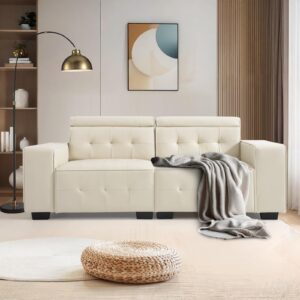 BEDHOURS 83" Sofa Couch, Handcrafted Faux Leather 3-Seat Sofa, Mid Century Modern Couch, Comfort Deep Seat Sofa with Side Pocket & Adjustable Headrest for Living Room Apartment Office, Beige