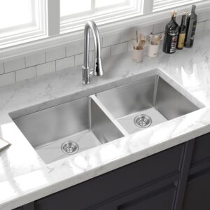 daweier 30x17.9 inch handmade undermount double bowl kitchen sink, 304 stainless steel, heavy duty commercial grade