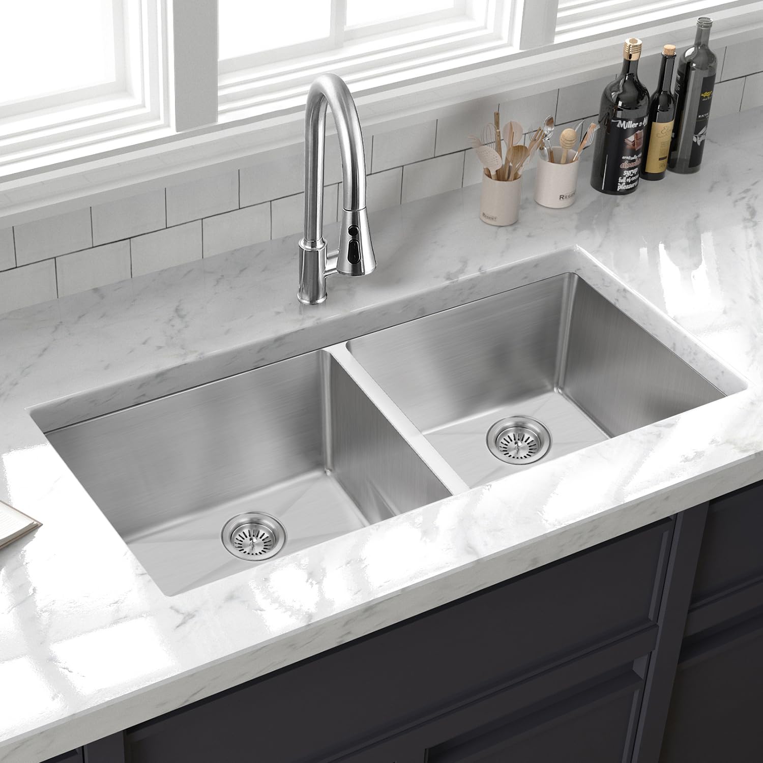 Daweier 30x17.9 Inch Handmade Undermount Double Bowl Kitchen Sink, 304 Stainless Steel, Heavy Duty Commercial Grade