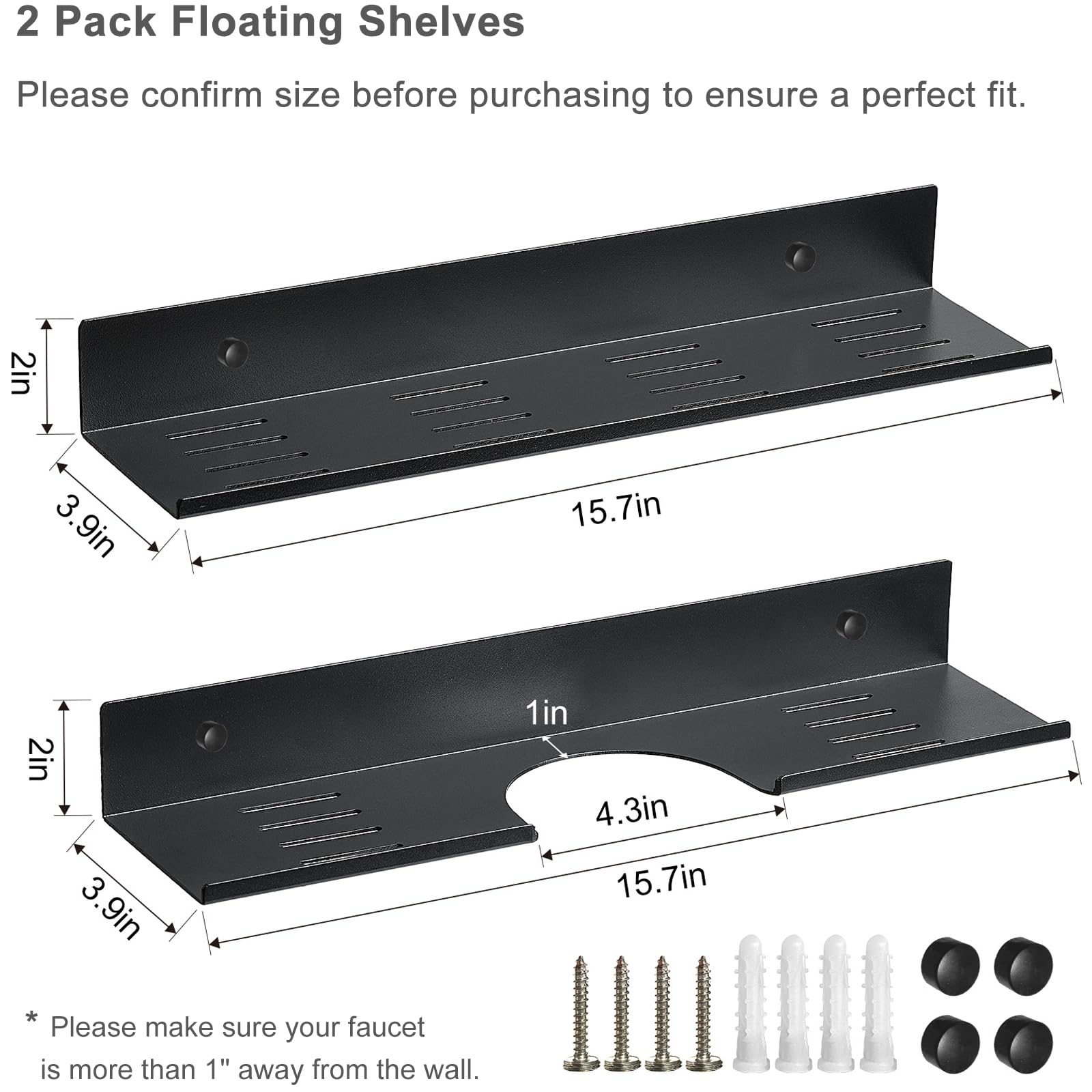 MYITYARD Over The Sink Shelf for Bathroom Kitchen, 2 Pack Wall Mount Anti-Rust Space Aluminum Floating Shelves, Sink Storage Organizer Holder Over The Faucet (15.7" L × 3.9" W, Black)