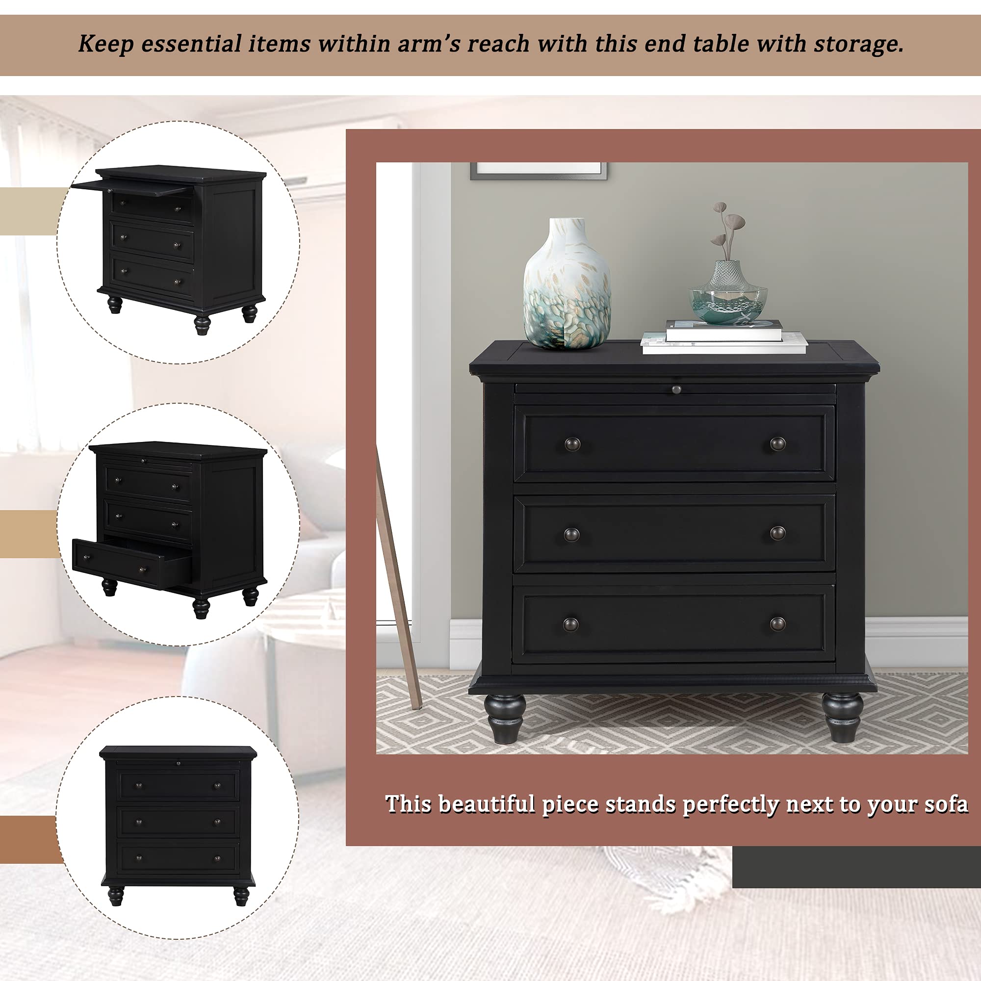 Merax Nightstand with Drawers Set of 2, Wood Bedside End Table with Pull Out Tray, Black and Black