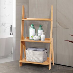 Maydear Bamboo Ladder Shelf Bookcase, 3-Tier Leaning Bookshelf Free Standing Organizer Storage Shelves for Living Room, Bedroom, Kitchen, Home Office, Balcony