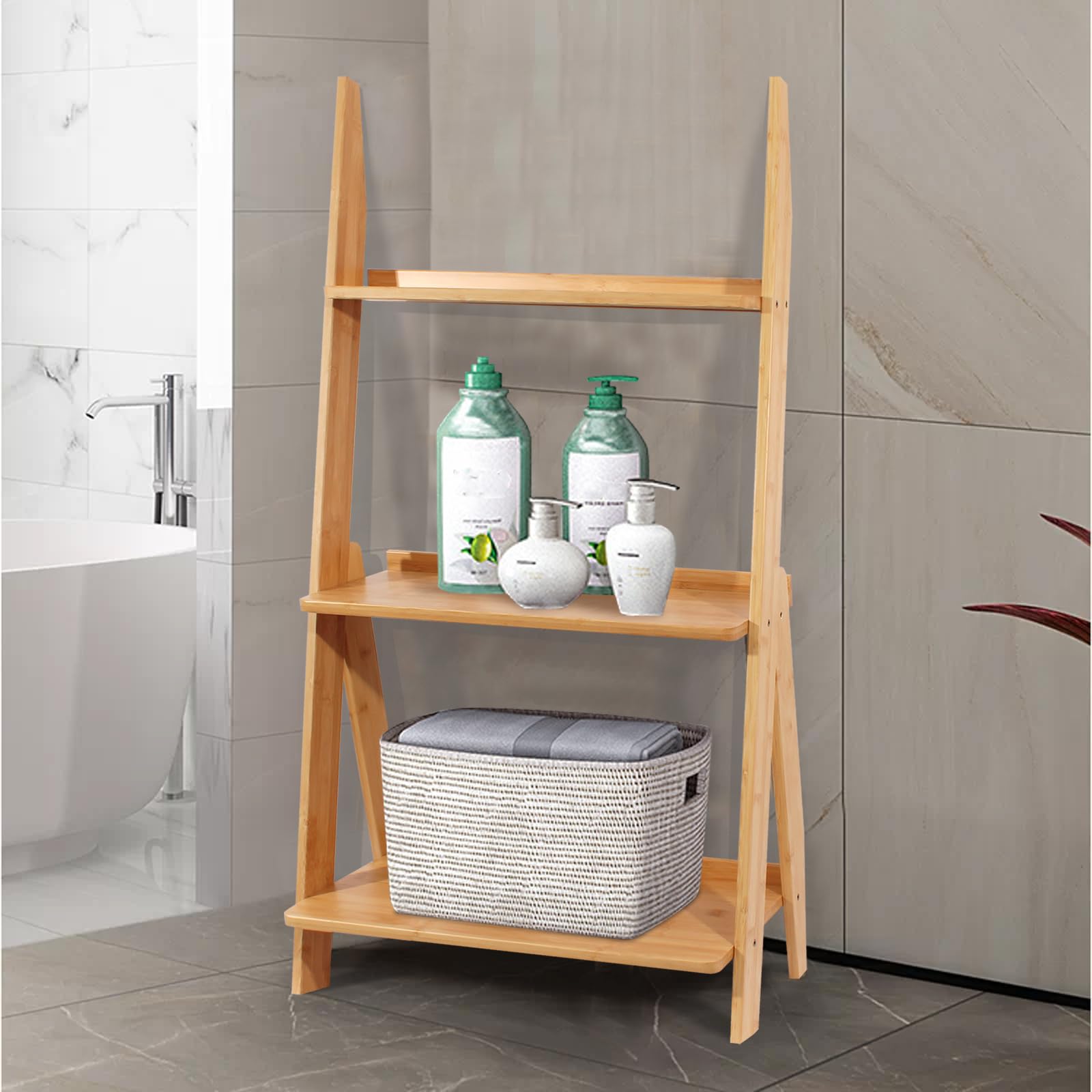 Maydear Bamboo Ladder Shelf Bookcase, 3-Tier Leaning Bookshelf Free Standing Organizer Storage Shelves for Living Room, Bedroom, Kitchen, Home Office, Balcony