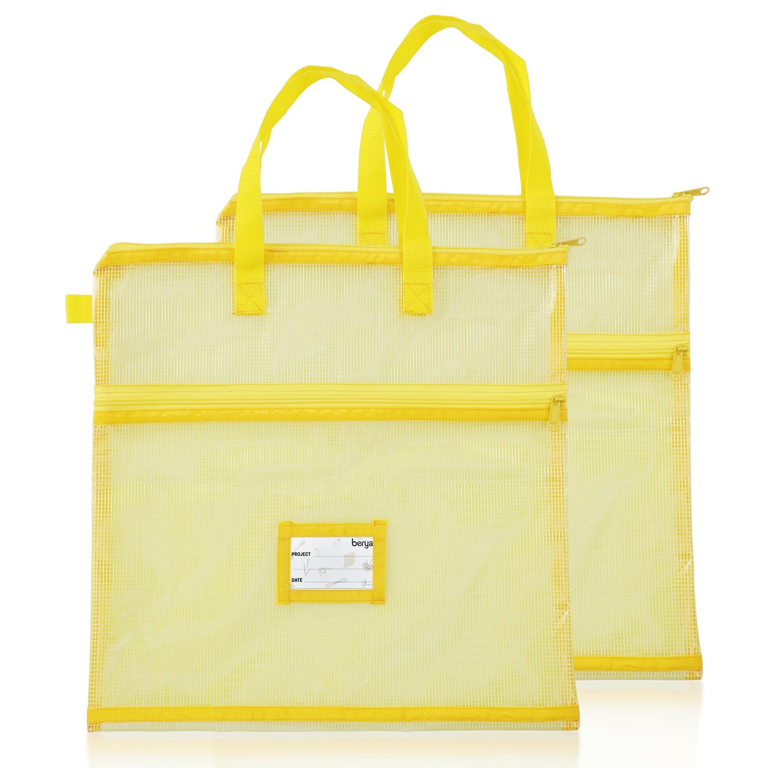 BERYA 16.14 x 16.14 inch Sewing Project Bag, Large Double Pocket Craft Bag Organizer Tote with Handles, Clear Mesh Art Supply Bag for Quilting, Knitting, Embroidery Projects Storage (Yellow-2 Pack)