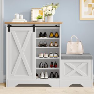 dwvo farmhouse shoe storage cabinet with shoe bench, 5-tier shoe cabinet with adjustable shelves for 20 pairs, narrow slim shoe cabinet with sliding door for entryway, hallway, living room (white)