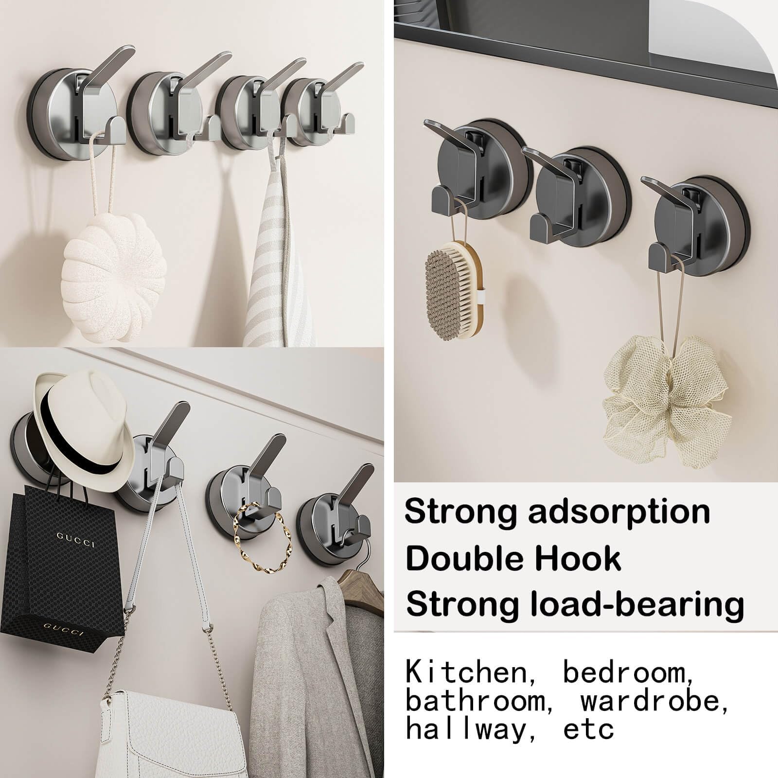 5 PCS Coat Hooks,Command Hooks,Suction Cup Hooks for Shower,Waterproof Towel Hooks,5-Pack,Screw Free,Reusable,Strong Load-Bearing,Suction Cup Hooks(Grey)