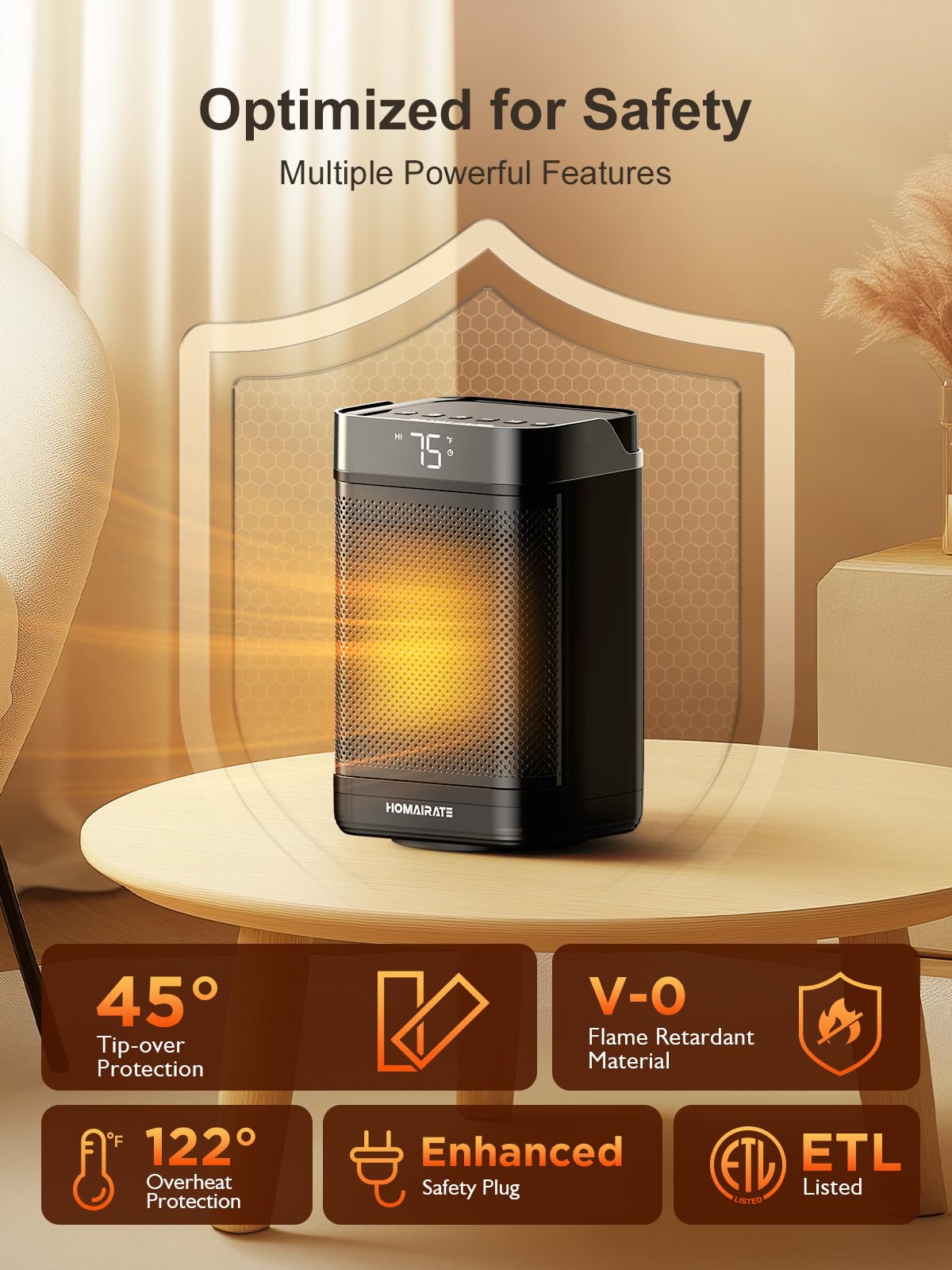 Homairate Small Space Heater, Portable Electric Heater with Remote,Thermostat, 4 Modes,70° Oscillation, 12H Timer, 1500W Fast Heating Ceramic Room for Home Bedroom, Office