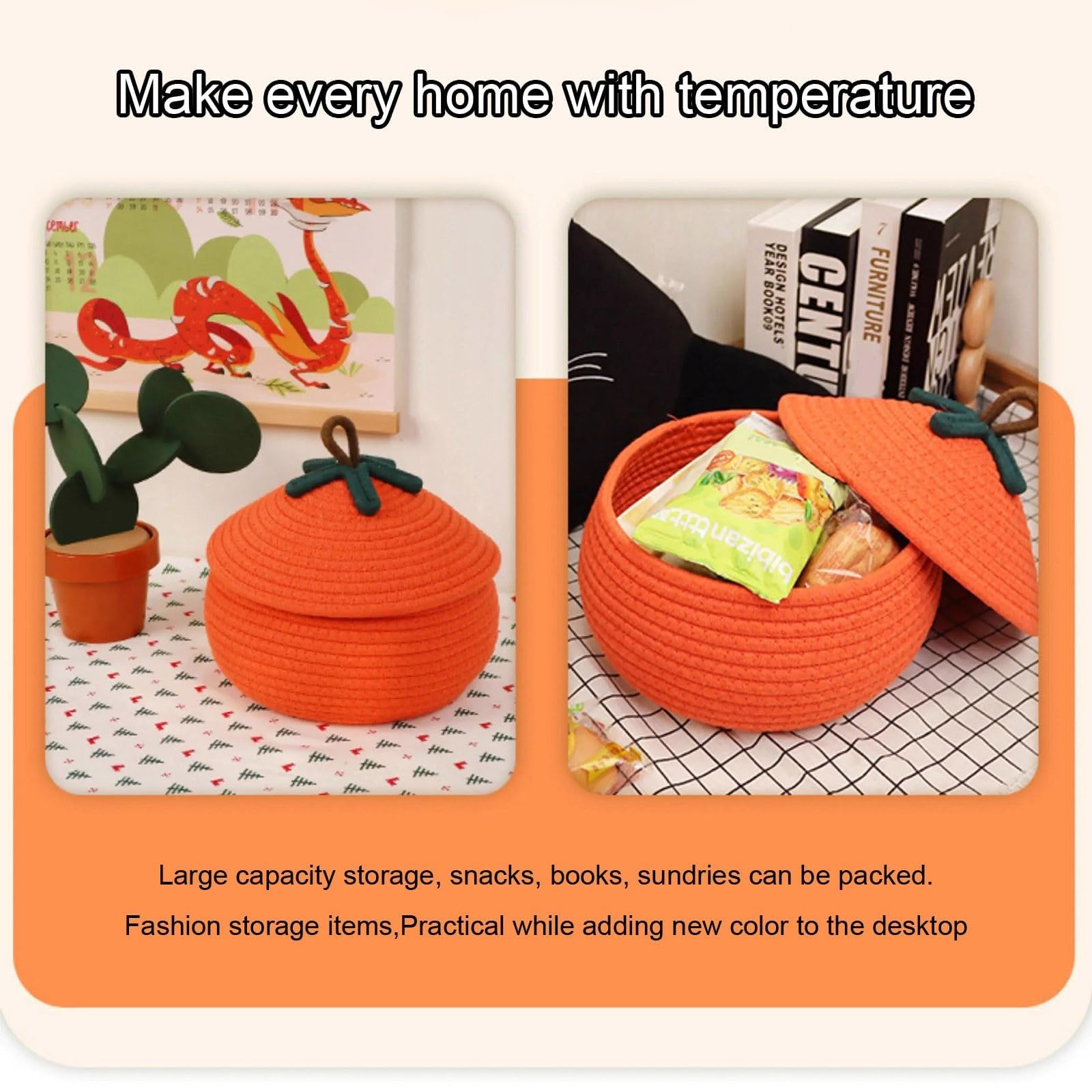 Halloween Pumpkin Basket, Cute Halloween Pumpkin Basket with Lid, Orange Pumpkin Woven Basket for Organizing Candy Toy Basket, Halloween Home Decoration (Small)