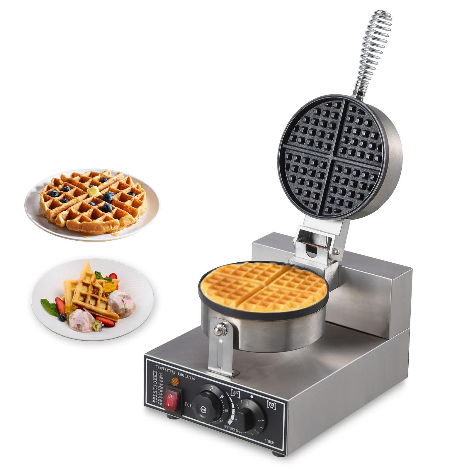 Commercial Waffle Maker, 1300W Round Waffle Iron, Non-Stick Rotatable Waffle Baker Machine, 50°C-300°C Temp Range, Stainless Steel Round Commercial Waffle Maker for Restaurant, 110V