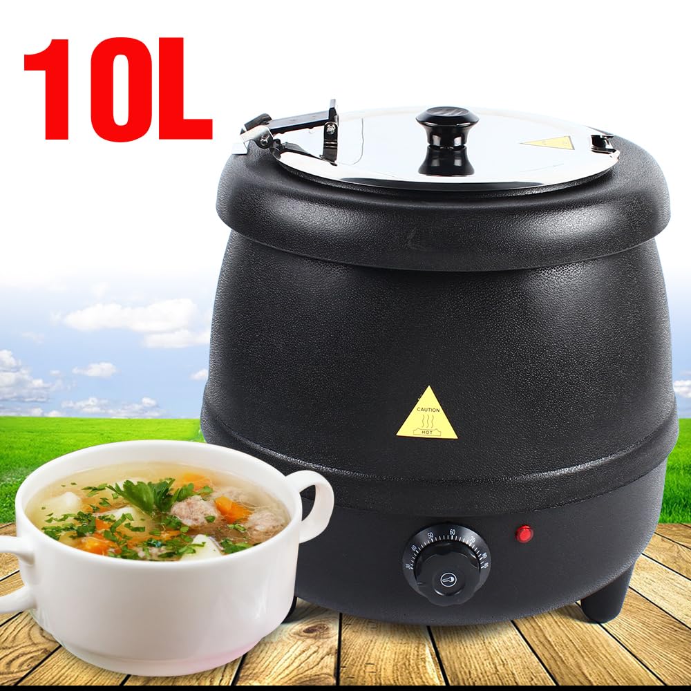 Black Commercial Soup Pot 400W 10 Liter 110V Electric Commercial Soup Kettle Countertop Food Warmer Pot Restaurant with Stainless Steel Hinged Lid Detachable Pot