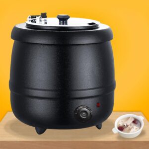 Black Commercial Soup Pot 400W 10 Liter 110V Electric Commercial Soup Kettle Countertop Food Warmer Pot Restaurant with Stainless Steel Hinged Lid Detachable Pot