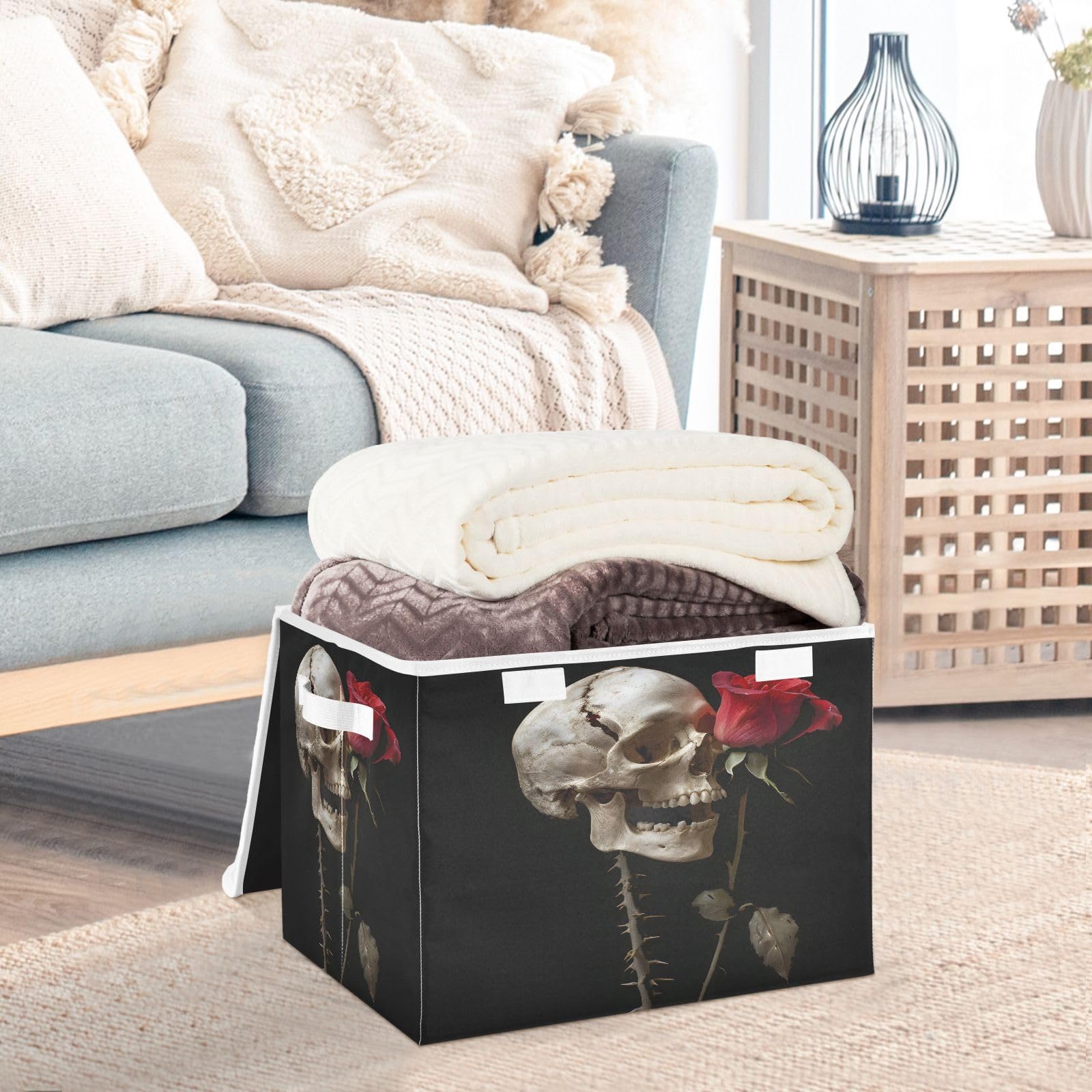 DALAWU Containers Baskets with Lids Rose Skull Fabric Foldable Storage Bins Organizer with Lid Collapsible Storage Boxes for Home Bedroom Closet Office