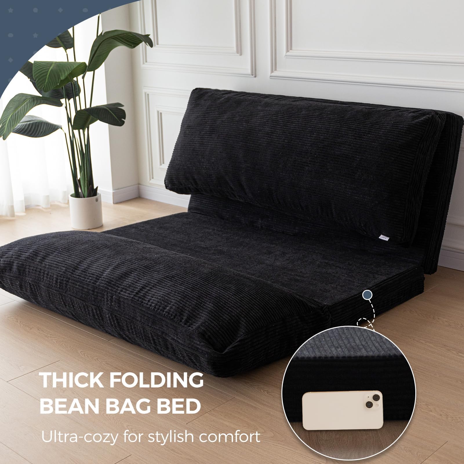 MAXYOYO Bean Bag Bed Folding Sofa Bed Floor Mattress for Adults, Extra Thick and Long Floor Sofa with Corded Washable Cover, Black, 30"x95"