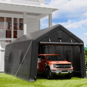 k knowbody 12 x 20 ft carport,heavy duty peak portable garage with all-steel metal frame & ventilated windows, anti-snow uv protection car canopy outdoor storage shelter for car,truck,boat,black